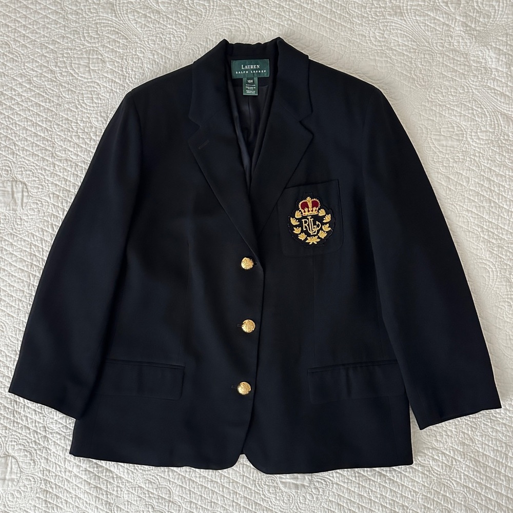 Vintage Ralph Lauren 100% Wool Blazer Gold Crown Crest Made in USA